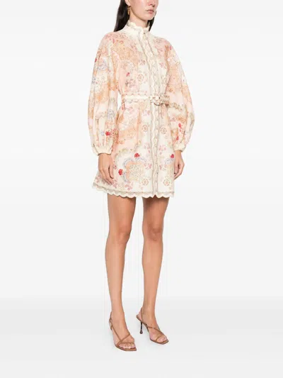 Zimmermann Linen Mini Dress With Floral Print And Scalloped Edges In Multi