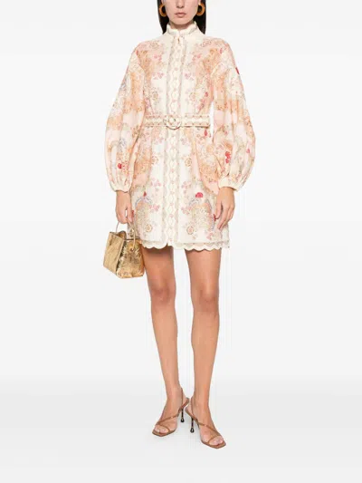 Zimmermann Linen Mini Dress With Floral Print And Scalloped Edges In Multi