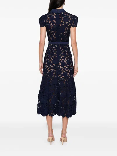 Self-portrait Guipure Blue Long Dress With Lace Design And Adjustable Waist Belt In Fabric Woman In Blue