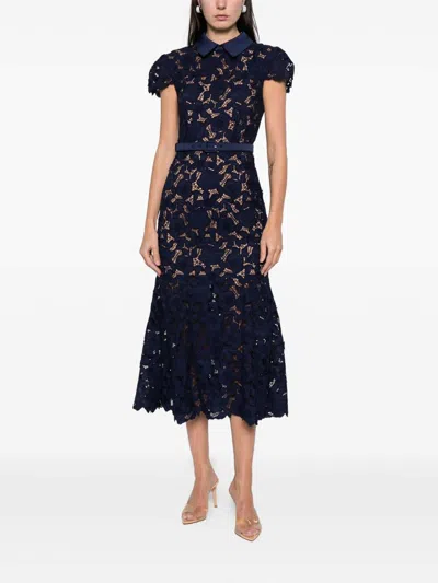 Self-portrait Guipure Blue Long Dress With Lace Design And Adjustable Waist Belt In Fabric Woman In Blue