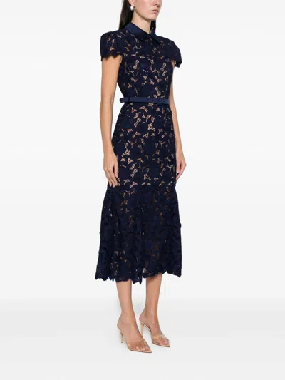 Self-portrait Guipure Blue Long Dress With Lace Design And Adjustable Waist Belt In Fabric Woman In Blue