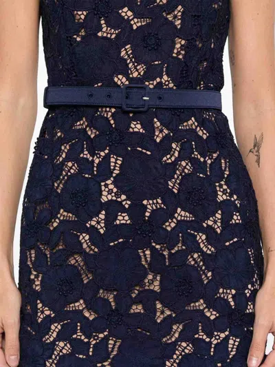 Self-portrait Guipure Blue Long Dress With Lace Design And Adjustable Waist Belt In Fabric Woman In Blue