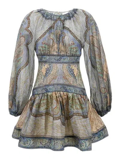 Zimmermann Wanderlust Multicolor Crewneck Mini Dress With Puffed Long Sleeves And All-over Print In Cotton And  In Multi