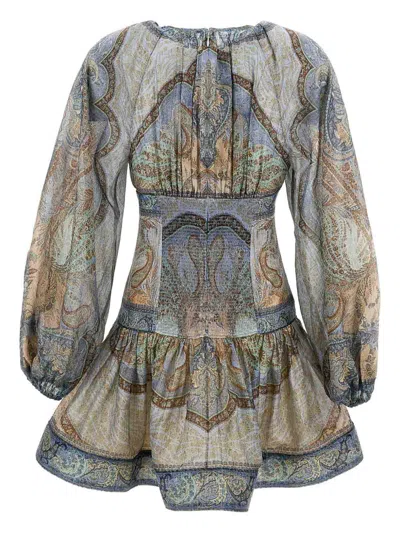 Zimmermann Wanderlust Multicolor Crewneck Mini Dress With Puffed Long Sleeves And All-over Print In Cotton And  In Multi