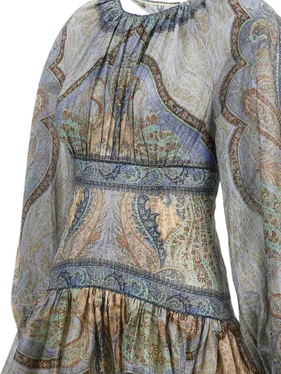 Zimmermann Wanderlust Multicolor Crewneck Mini Dress With Puffed Long Sleeves And All-over Print In Cotton And  In Multi