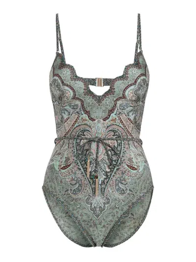 Zimmermann Wanderlust Belted Embellished Scalloped Printed Swimsuit In Green