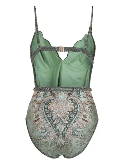 Zimmermann Wanderlust Belted Embellished Scalloped Printed Swimsuit In Green
