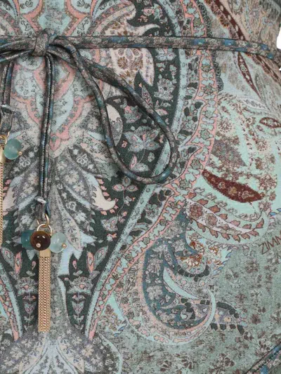 Zimmermann Wanderlust Belted Embellished Scalloped Printed Swimsuit In Green