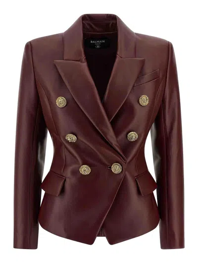 Balmain Double-breasted Lambskin Leather Blazer In Red