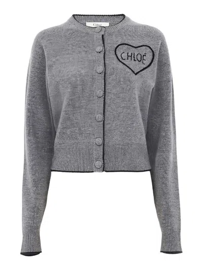Chloé Fitted Cardigan With Logo In Wool And Cashmere Knit In Gray