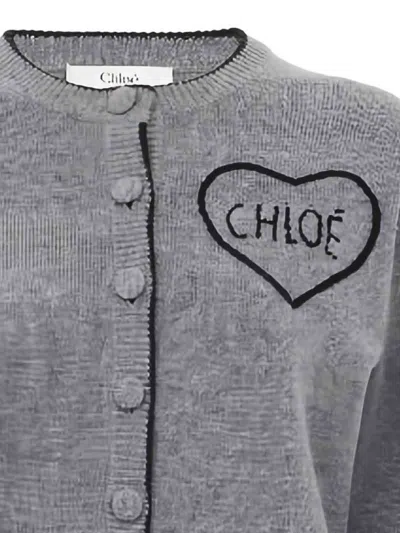 Chloé Fitted Cardigan With Logo In Wool And Cashmere Knit In Gray