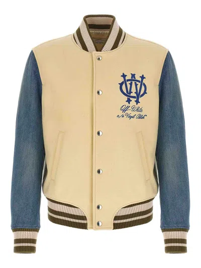 Off-white Gothic Wool Denim Varsity Puffer Jackets White In Multi