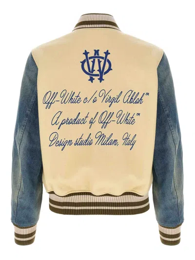 Off-white Gothic Wool Denim Varsity Puffer Jackets White In Multi