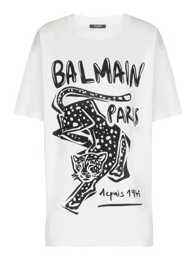Balmain Short-sleeved T-shirt With Leopard Print In White