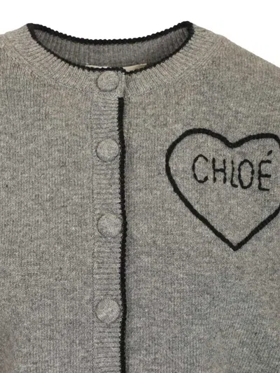Chloé Wool And Cashmere Cardigan With Logo Knitwear Grey In Gray