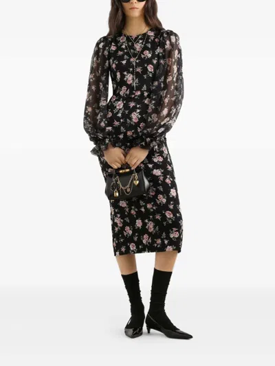 Dolce & Gabbana Women Black Dress With Round Neckline And All-over Floral Motif In Silk Blend Woman