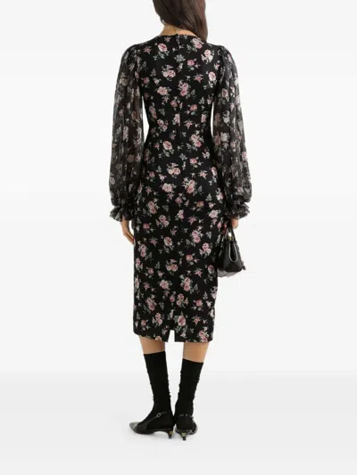 Dolce & Gabbana Women Black Dress With Round Neckline And All-over Floral Motif In Silk Blend Woman