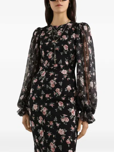 Dolce & Gabbana Women Black Dress With Round Neckline And All-over Floral Motif In Silk Blend Woman