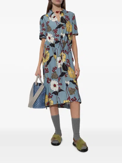 Marni Floral-print V-neck Midi Dress Clothing In Blue