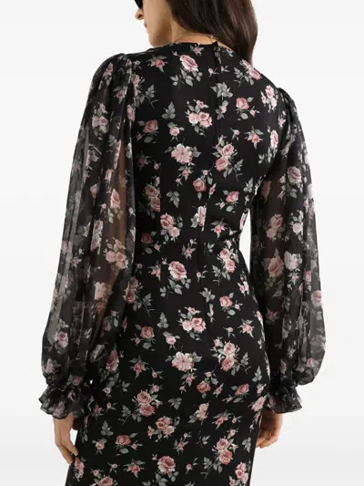 Dolce & Gabbana Women Black Dress With Round Neckline And All-over Floral Motif In Silk Blend Woman