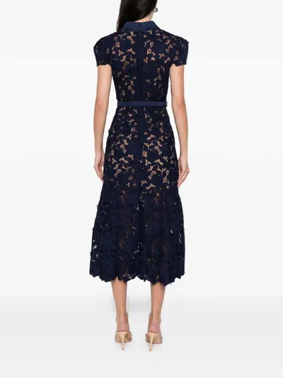 Self-portrait Guipure Blue Long Dress With Lace Design And Adjustable Waist Belt In Fabric Woman