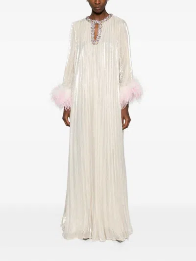 Self-portrait Long Dress With Feathers In Neutral