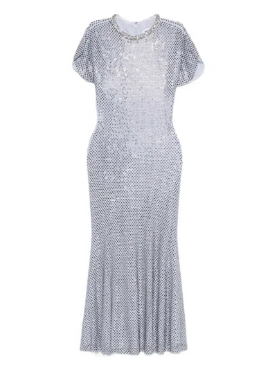 Self-portrait Midi Dress In Mesh With Rhinestones In Purple