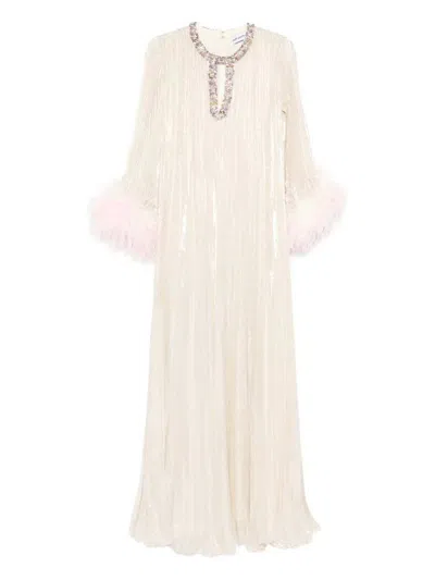 Self-portrait Long Dress With Feathers In Neutral