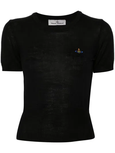 Vivienne Westwood Fitted Short Puff Sleeve Sweater With Embroidered Emblem In Black