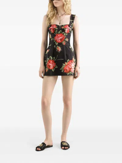 Dolce & Gabbana Floral-print Cotton Bustier Mini Dress In Black