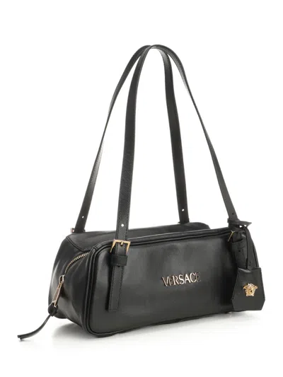 Versace Tag Bowling Black Shoulder Bag With Metallic Logo Lettering And Medusa Head Pendant In Leather Woman In Black