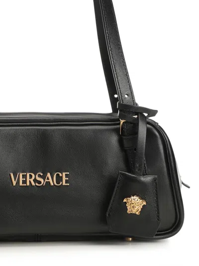 Versace Tag Bowling Black Shoulder Bag With Metallic Logo Lettering And Medusa Head Pendant In Leather Woman In Black