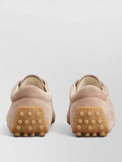 Tod's Suede Leather Sneakers Round Toe Rubber Sole In Neutral