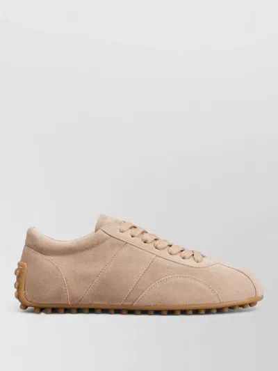 Tod's Suede Leather Sneakers Round Toe Rubber Sole In Neutral