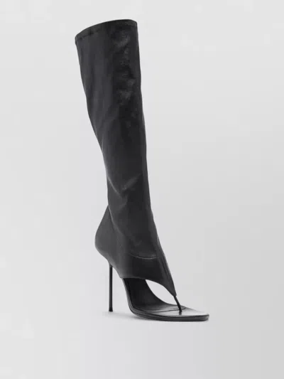 Paris Texas Lidia Knee High Thong Open Toe Boots In Black