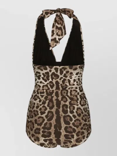 Dolce & Gabbana Deep Neckline One Piece Swimsuit Leopard In Brown