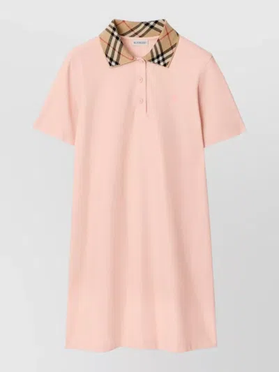 Burberry Cotton Dress Check Collar Embroidered Design In Pink