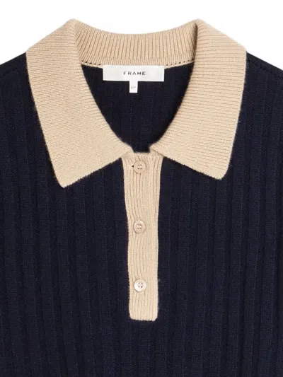 Frame Button Ribbed Polo Top In Multi