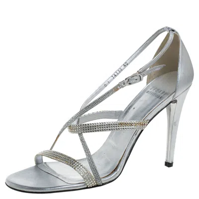 Stuart Weitzman Silver Leather Crystal Embellished Strappy Sandals In Metallic