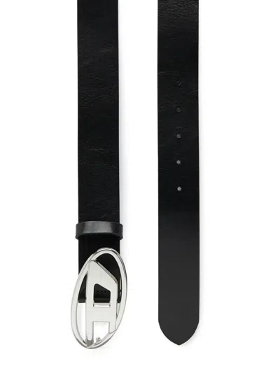 Diesel Black Leather Belt With Polished Oval Buckle
