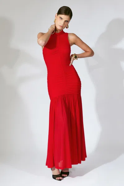 Bardot Orlana Sleeveless Racerneck Dropped Waist Ruched Mesh Maxi Dress In Red