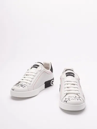 Dolce & Gabbana White Low Top Sneakers With Logo Patch On The Tongue And All-over Print In Leather Man In White