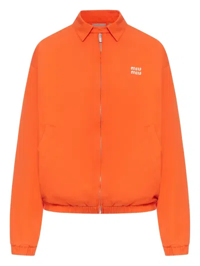 Miu Miu Cotton Bomber Jacket Elasticated Hem Pockets In Orange