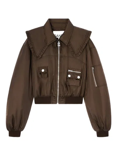 Ganni Duchesse Nylon Bomber Jacket In Brown
