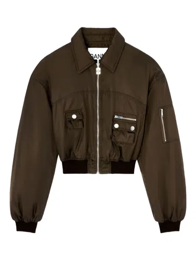 Ganni Duchesse Nylon Bomber Jacket In Brown