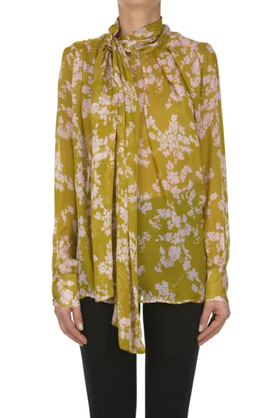 Elisabetta Franchi Floral Print Silk Blouse With Bow Detail In Yellow