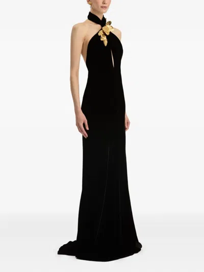 Oscar De La Renta Leaf-embellishment Velvet Gown In Black