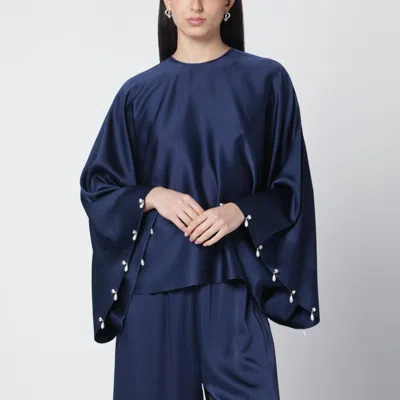 Stella Mccartney Navy Blue Envers Satin Pearl And Crystal-embellished Blouse In Blue