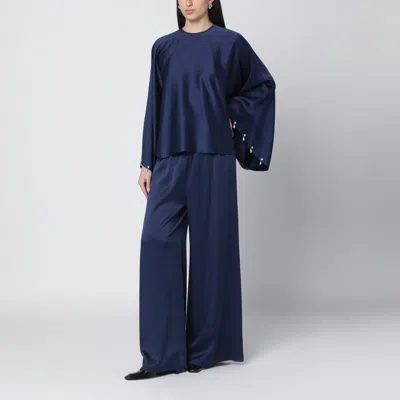 Stella Mccartney Navy Blue Envers Satin Pearl And Crystal-embellished Blouse In Blue