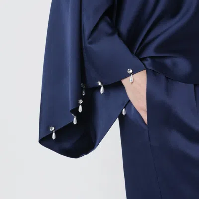 Stella Mccartney Navy Blue Envers Satin Pearl And Crystal-embellished Blouse In Blue